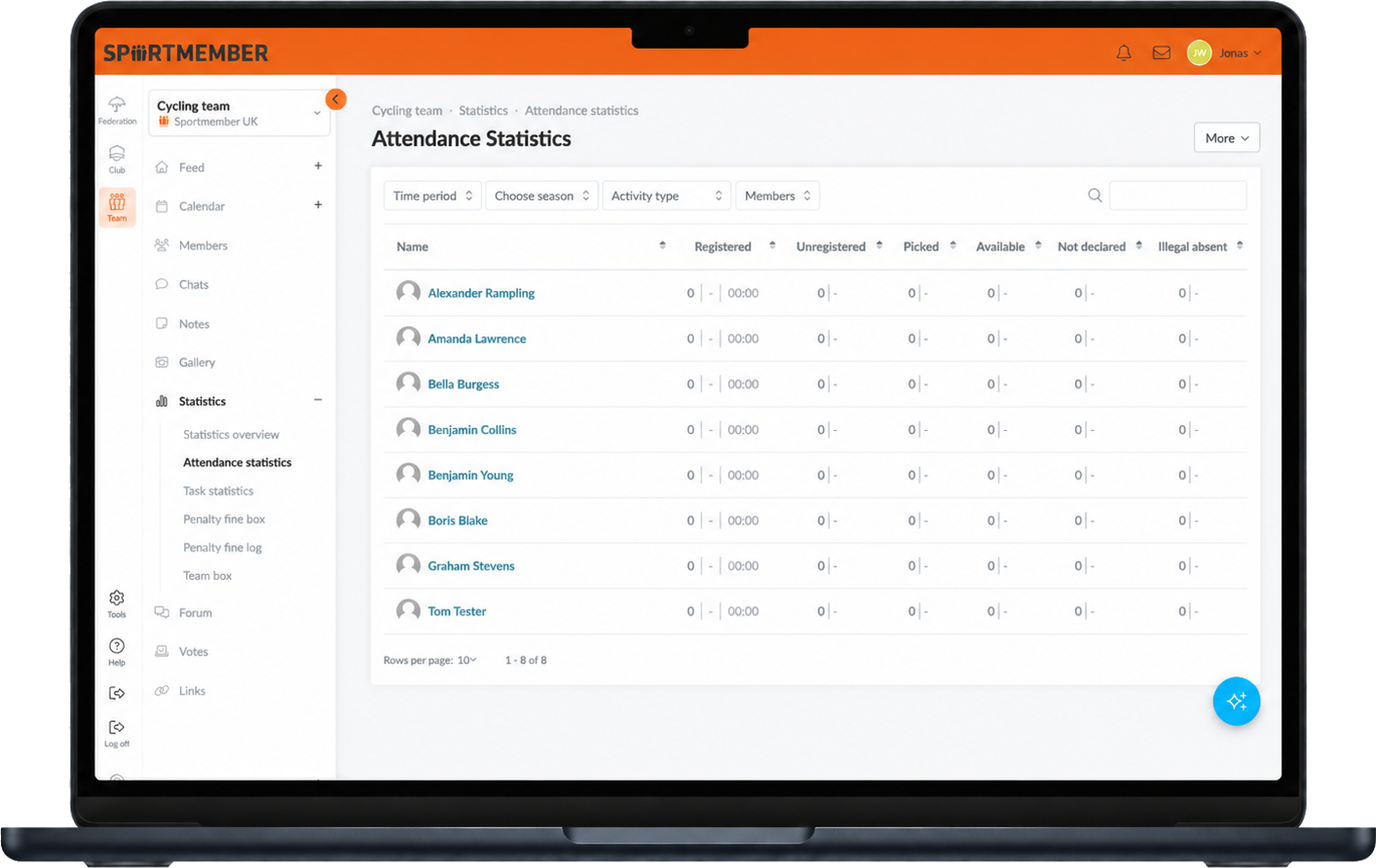 Attendance statistics in the SportMember web admin – registered, missed and available per member
